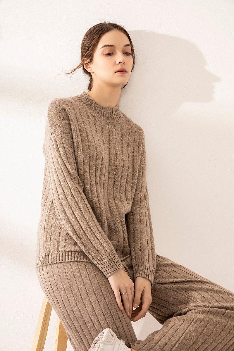 2020 new collection of cashmere stripe round neck sweater and pants suits - Lamycashmere