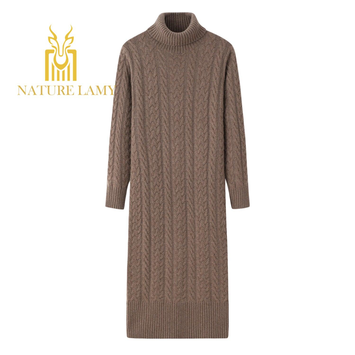 2021 A/W new collection of Warmly outwear long 100 cashmere knitted cable dress - Lamycashmere