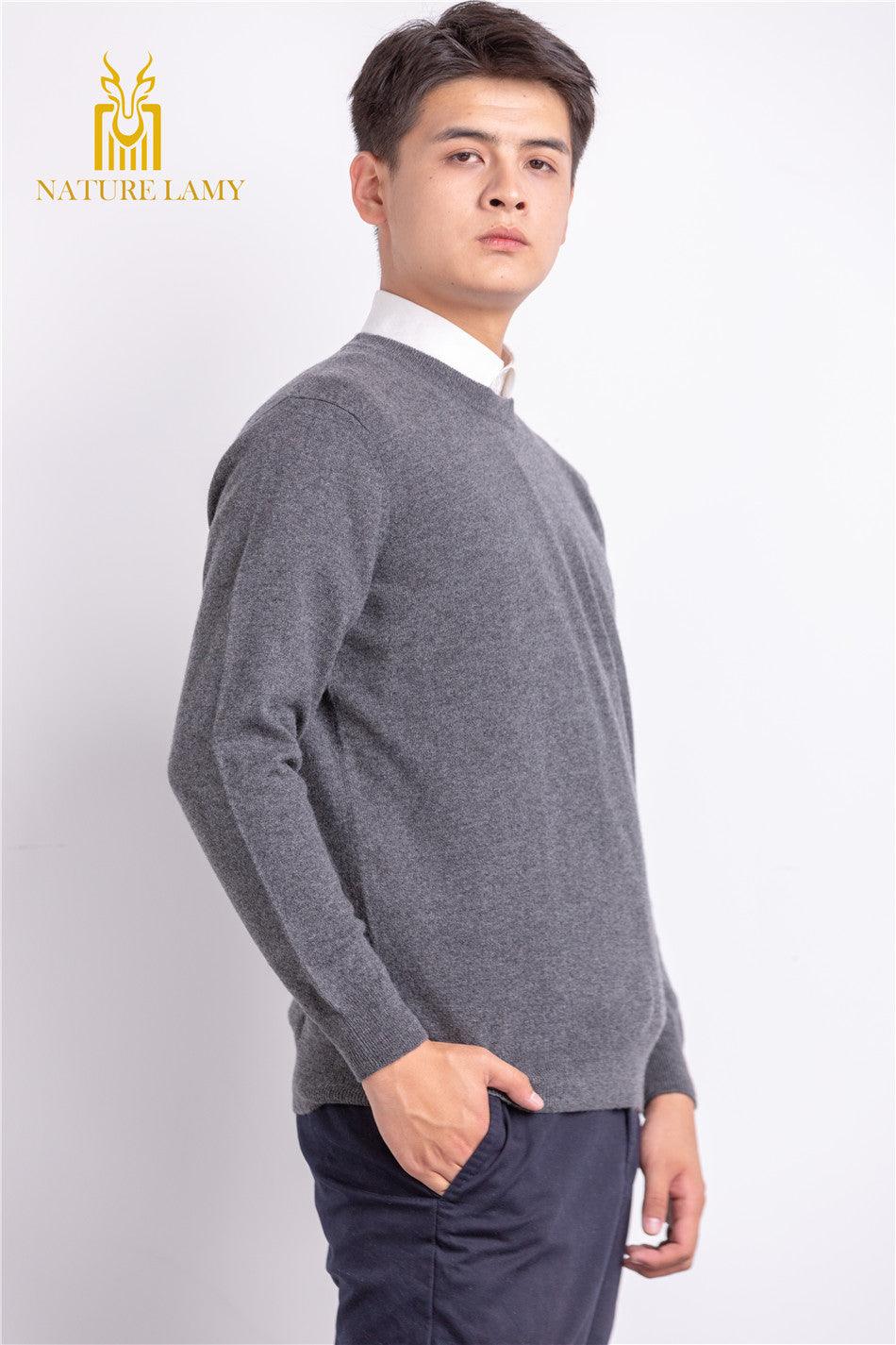 Business style of pure highest quality cashmere charcoal V-neck sweater - Lamycashmere