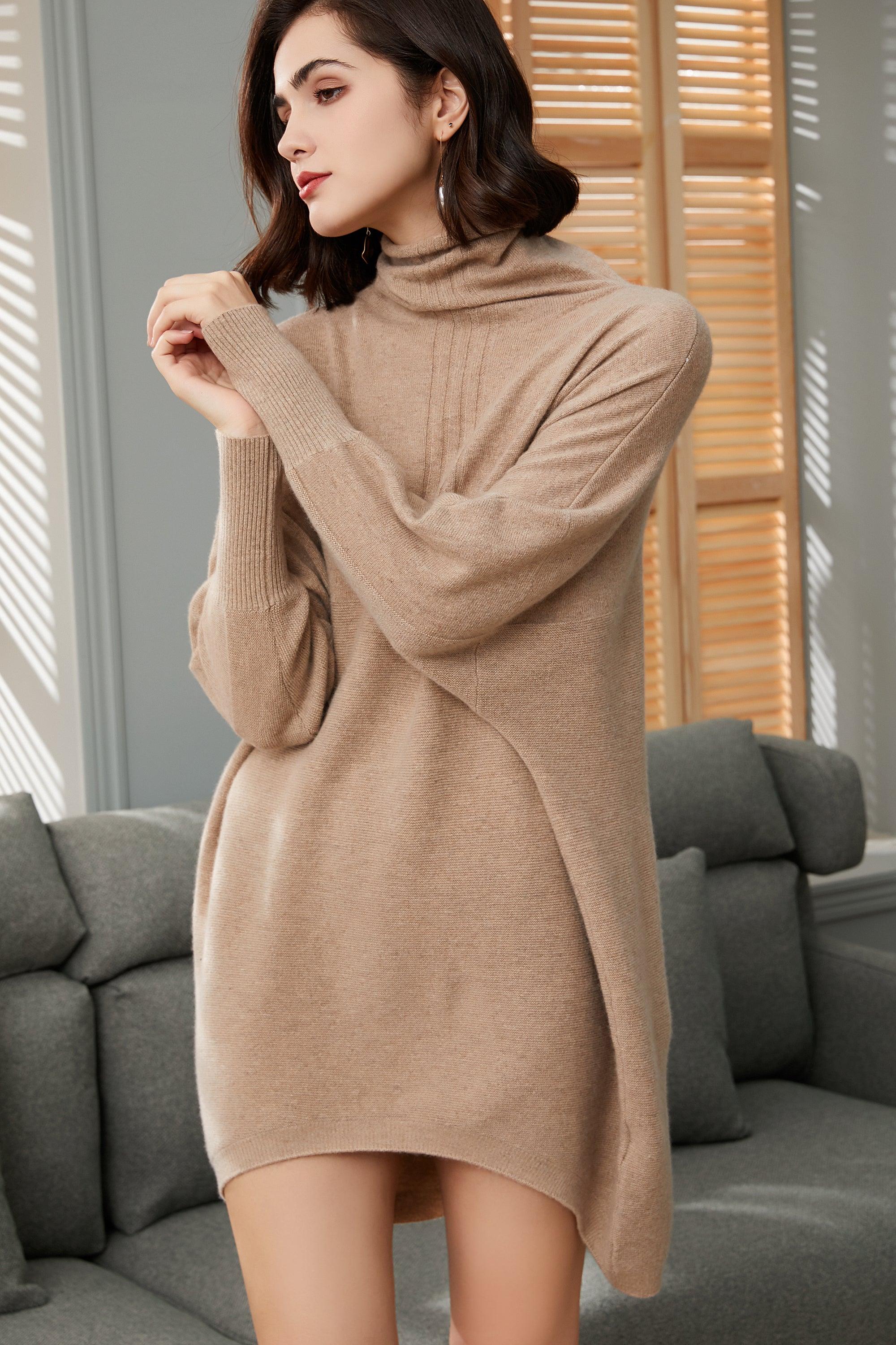 camel color popular style of pure cashmere knitted turtleneck long sweater S/S collection for lady's - Lamycashmere