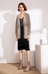 camel color with white stripe color cashmere knitted lady's cardigan - Lamycashmere