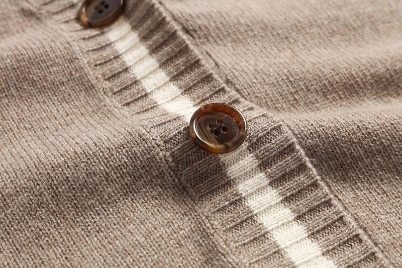 camel color with white stripe color cashmere knitted lady's cardigan - Lamycashmere