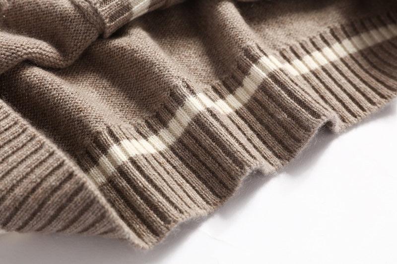 camel color with white stripe color cashmere knitted lady's cardigan - Lamycashmere