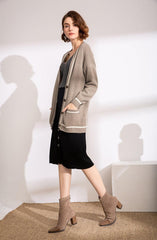 camel color with white stripe color cashmere knitted lady's cardigan - Lamycashmere