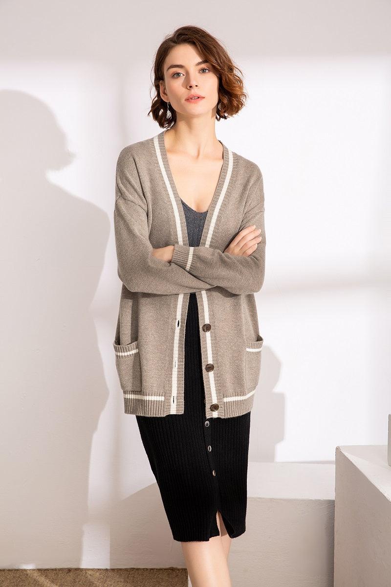 camel color with white stripe color cashmere knitted lady's cardigan - Lamycashmere