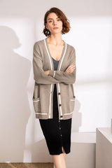 camel color with white stripe color cashmere knitted lady's cardigan - Lamycashmere