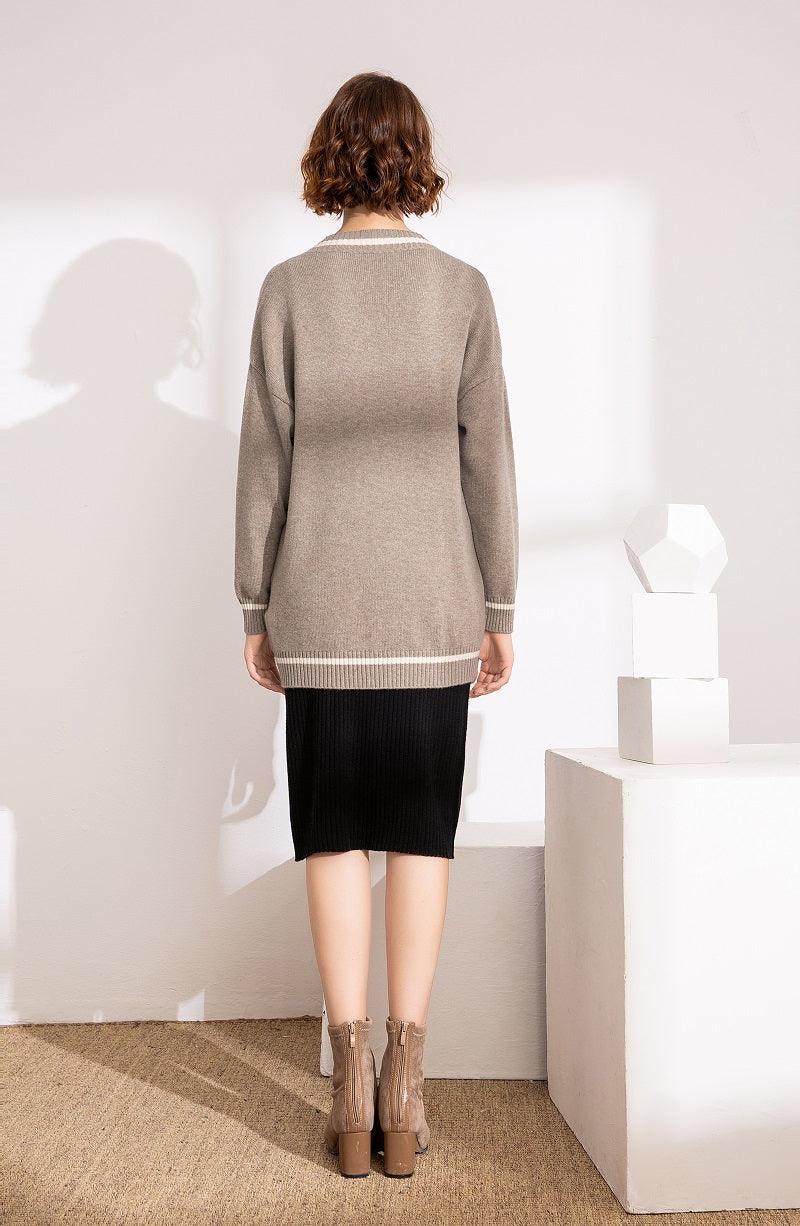 camel color with white stripe color cashmere knitted lady's cardigan - Lamycashmere