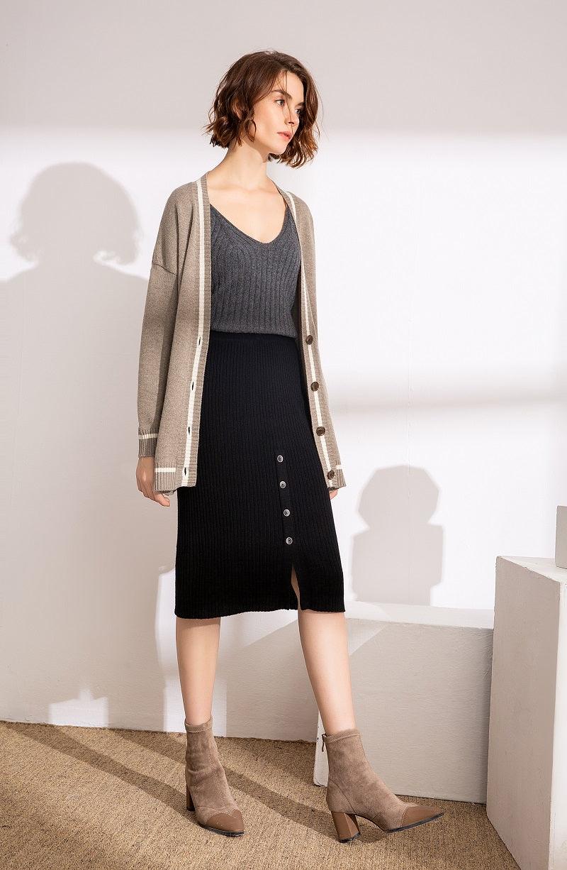 camel color with white stripe color cashmere knitted lady's cardigan - Lamycashmere