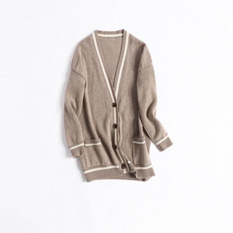 camel color with white stripe color cashmere knitted lady's cardigan - Lamycashmere
