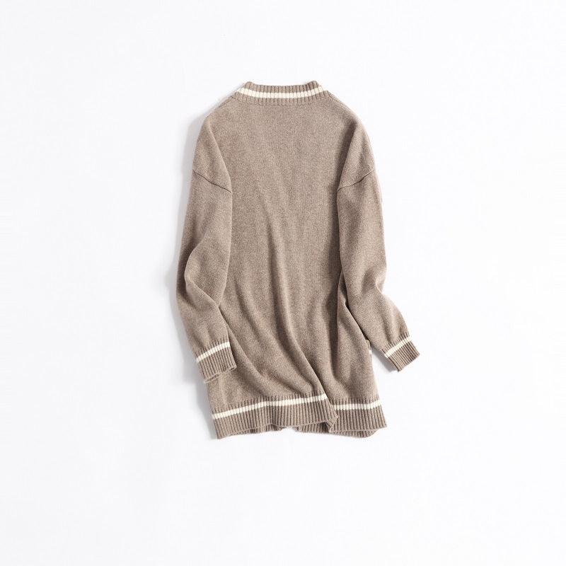 camel color with white stripe color cashmere knitted lady's cardigan - Lamycashmere