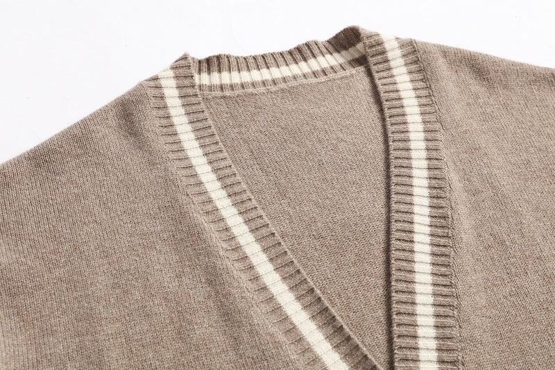 camel color with white stripe color cashmere knitted lady's cardigan - Lamycashmere