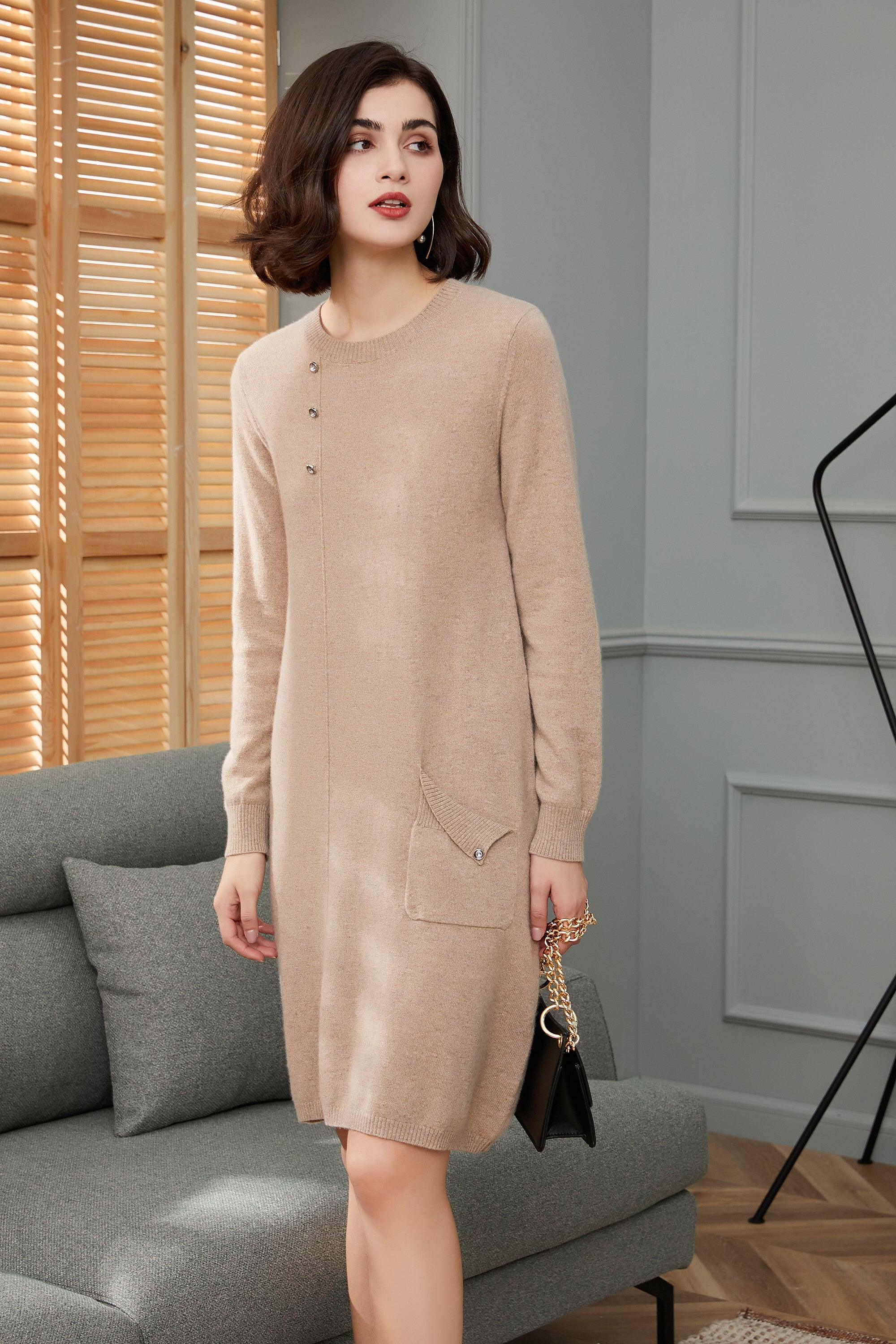 Classic and business 100% percent cashmere knitted long dress pullover dress - Lamycashmere