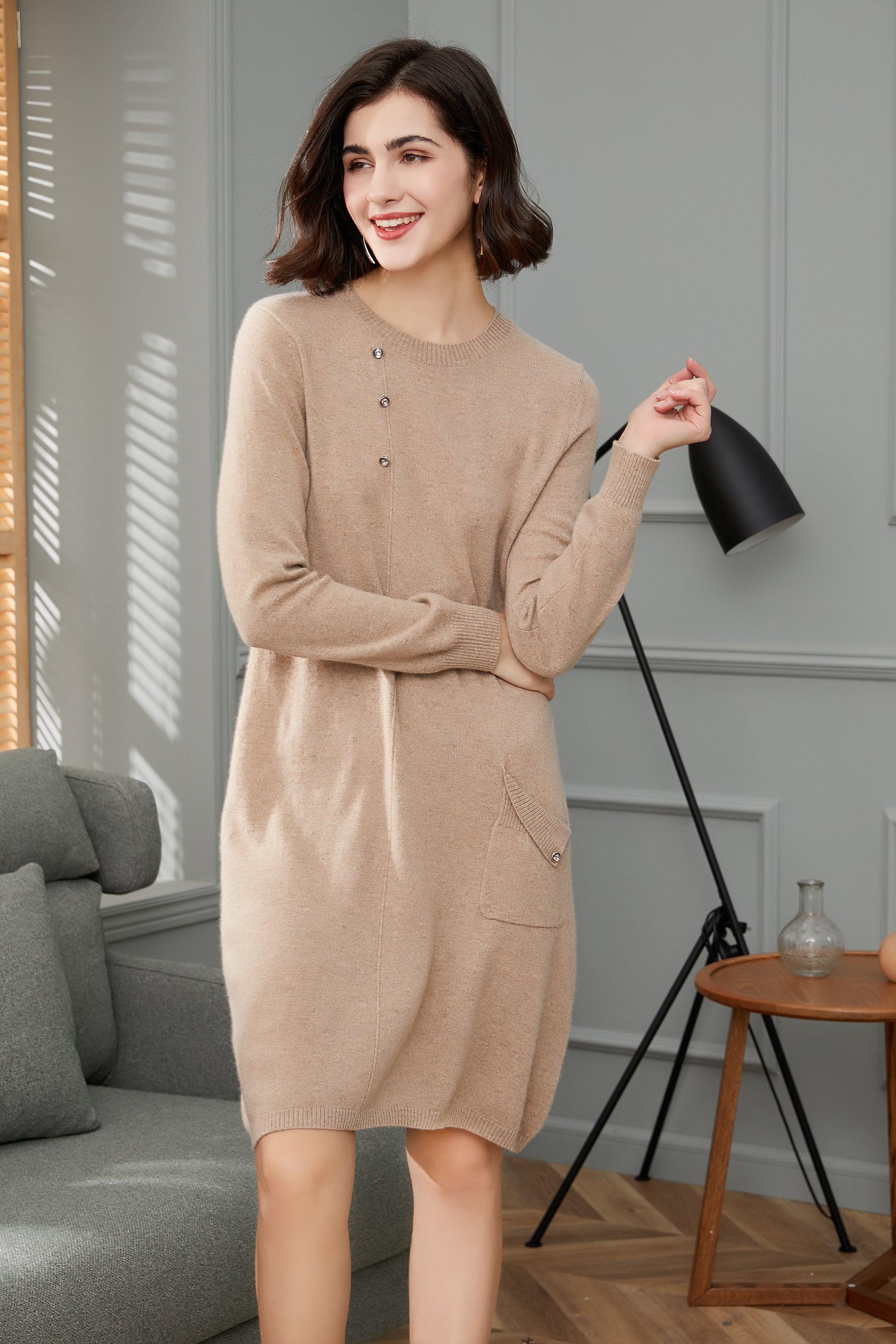 Classic and business 100% percent cashmere knitted long dress pullover dress - Lamycashmere