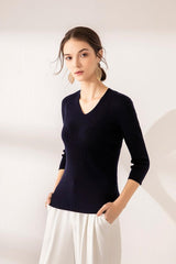 Classic summer and spring style of pure worsted cashmere women's V-neck sweater - Lamycashmere