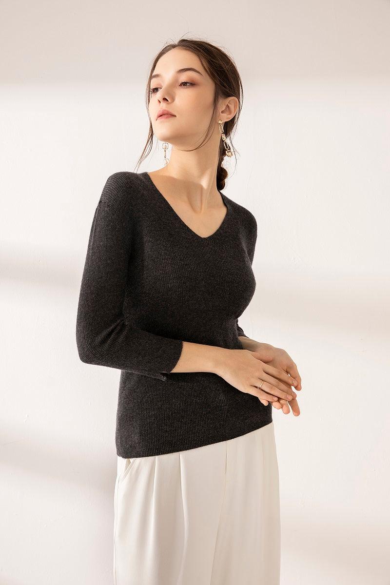 Dark grey pure cashmere V-neck half sleeve sweater - Lamycashmere