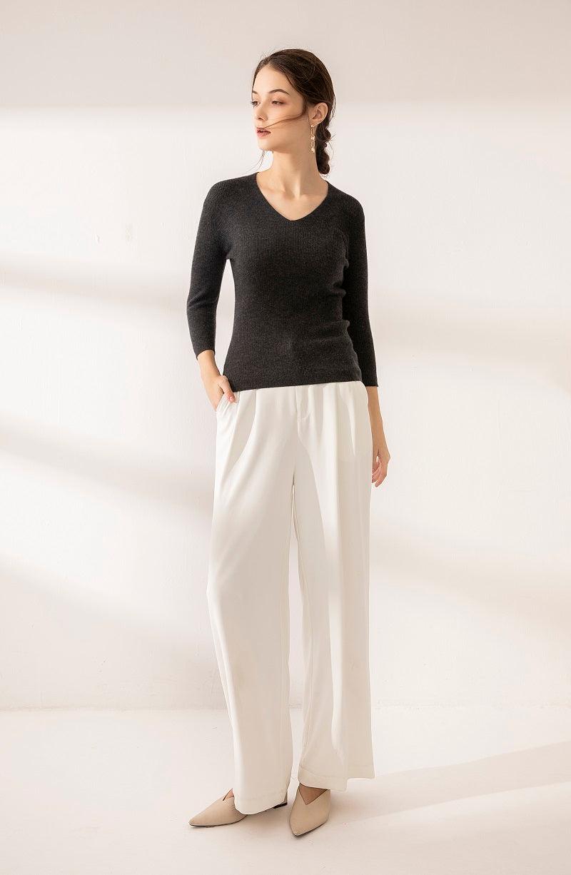 Dark grey pure cashmere V-neck half sleeve sweater - Lamycashmere