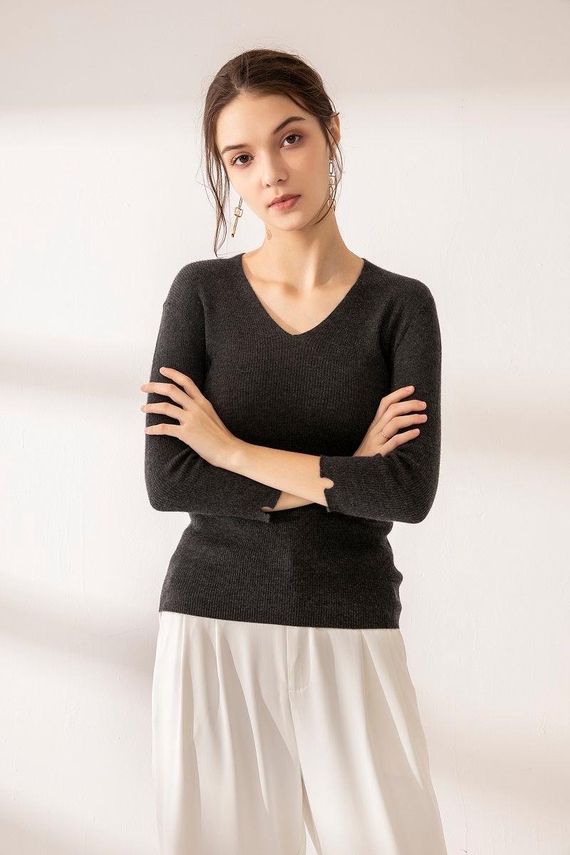 Dark grey pure cashmere V-neck half sleeve sweater - Lamycashmere