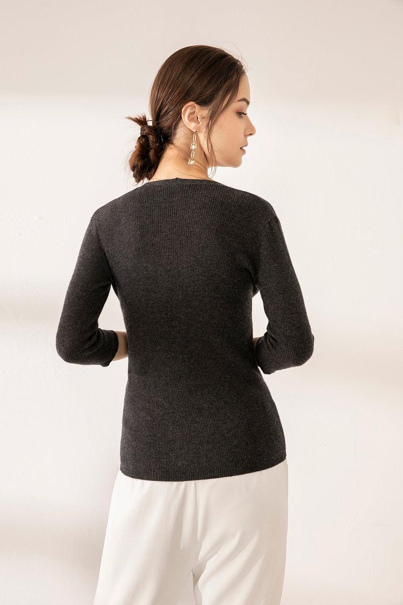 Dark grey pure cashmere V-neck half sleeve sweater - Lamycashmere