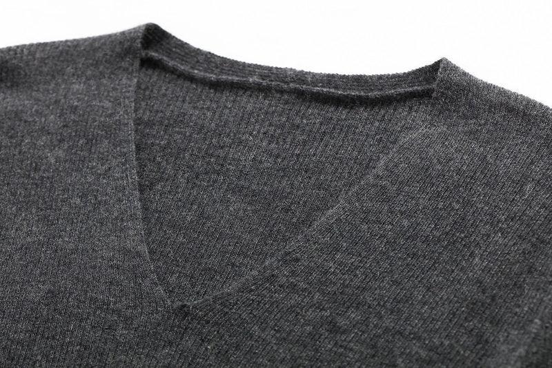 Dark grey pure cashmere V-neck half sleeve sweater - Lamycashmere