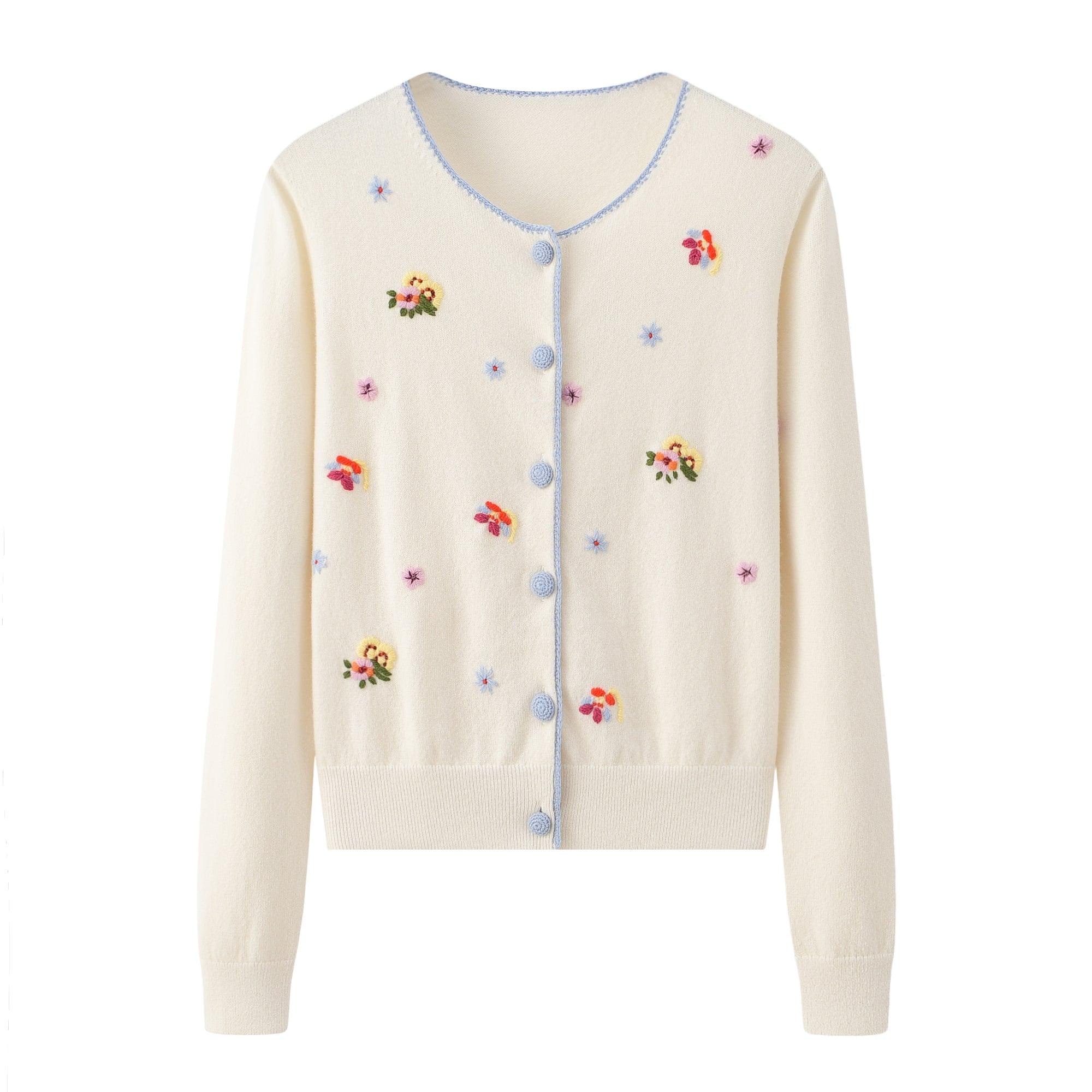 Factory price of pure cashmere knitted round neck flower hand embroidered button cardigan for lady's - Lamycashmere