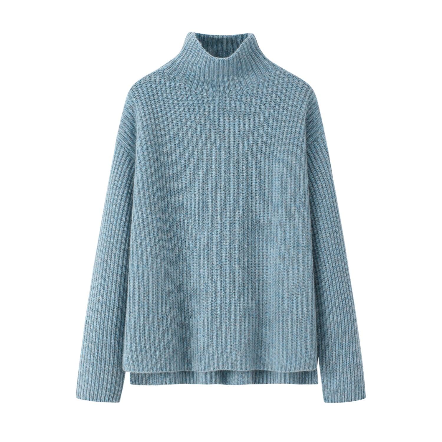 Fall and winter heavy style of 100 percent cashmere knitted mixed blue turtleneck sweater for lady's - Lamycashmere