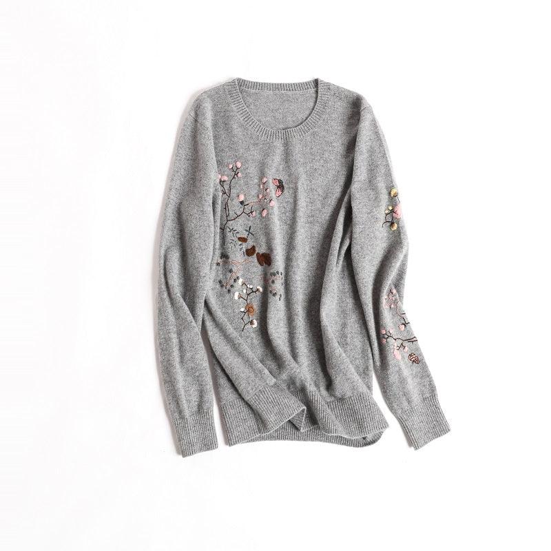 fashional embroider cashmere knitted round neck sweater - Lamycashmere