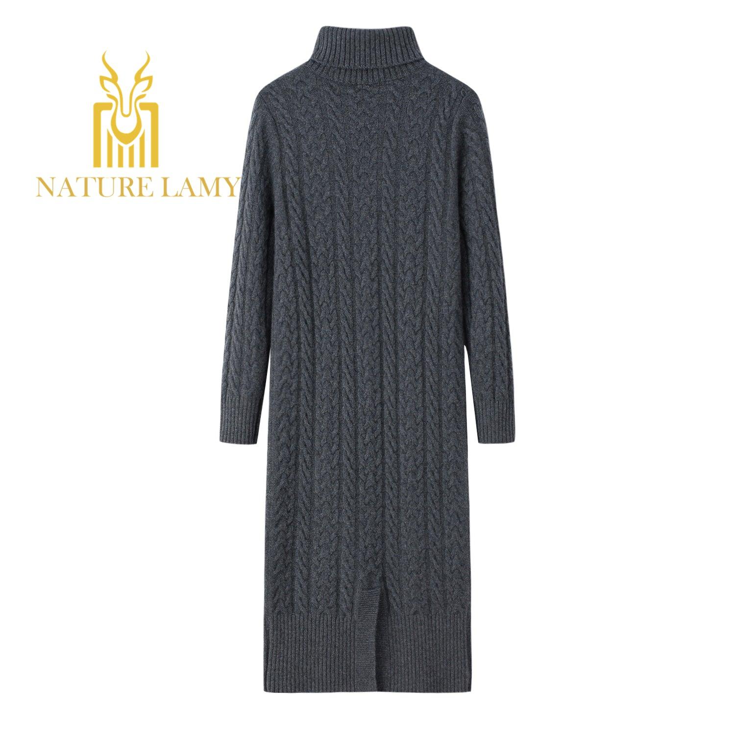 Fashional warmly charcoal color pure cashmere knitted long turtleneck dress for lady's - Lamycashmere