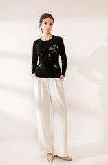 Hand made 100 cashmere embroidery round-neck sweater - Lamycashmere