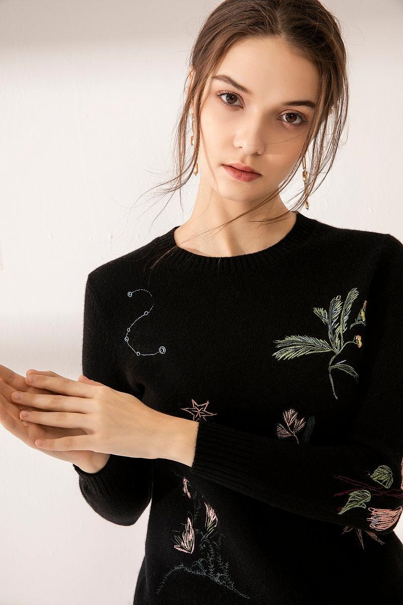 Hand made 100 cashmere embroidery round-neck sweater - Lamycashmere