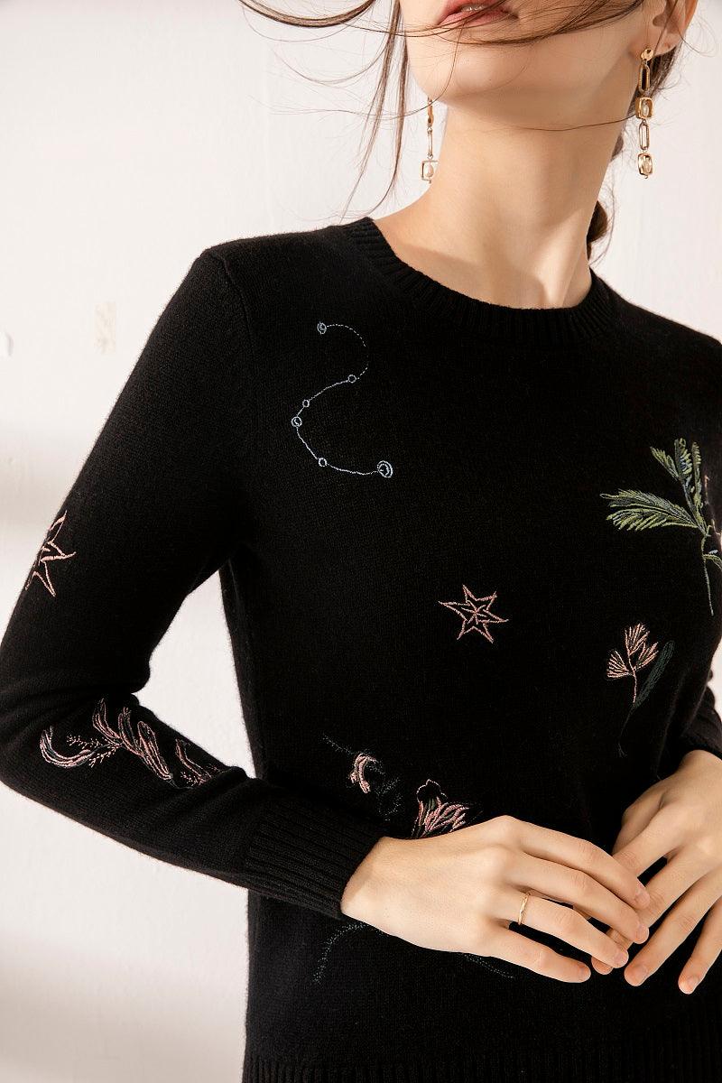 Hand made 100 cashmere embroidery round-neck sweater - Lamycashmere