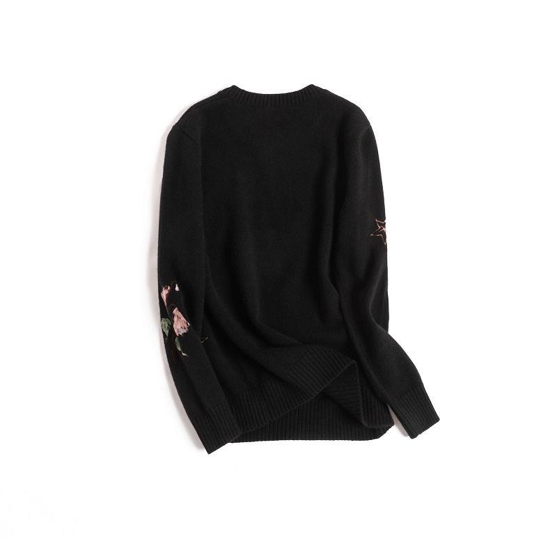 Hand made 100 cashmere embroidery round-neck sweater - Lamycashmere