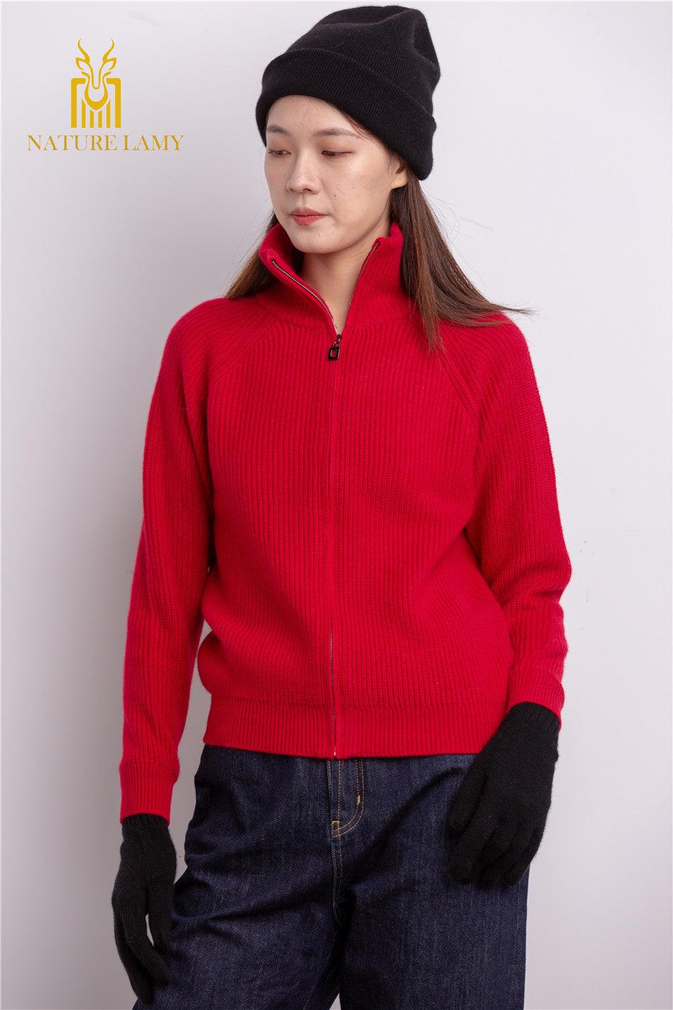 Heavy style of Outwear warmly pure cashmere knitted zipper cardigan for lady's - Lamycashmere