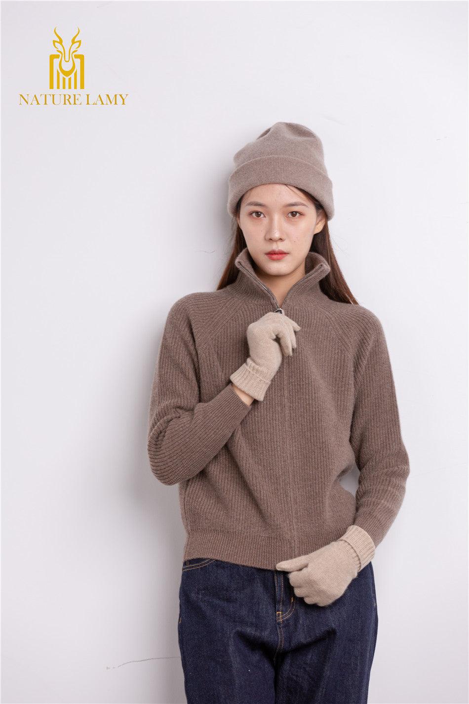 Heavy style of Outwear warmly pure cashmere knitted zipper cardigan for lady's - Lamycashmere