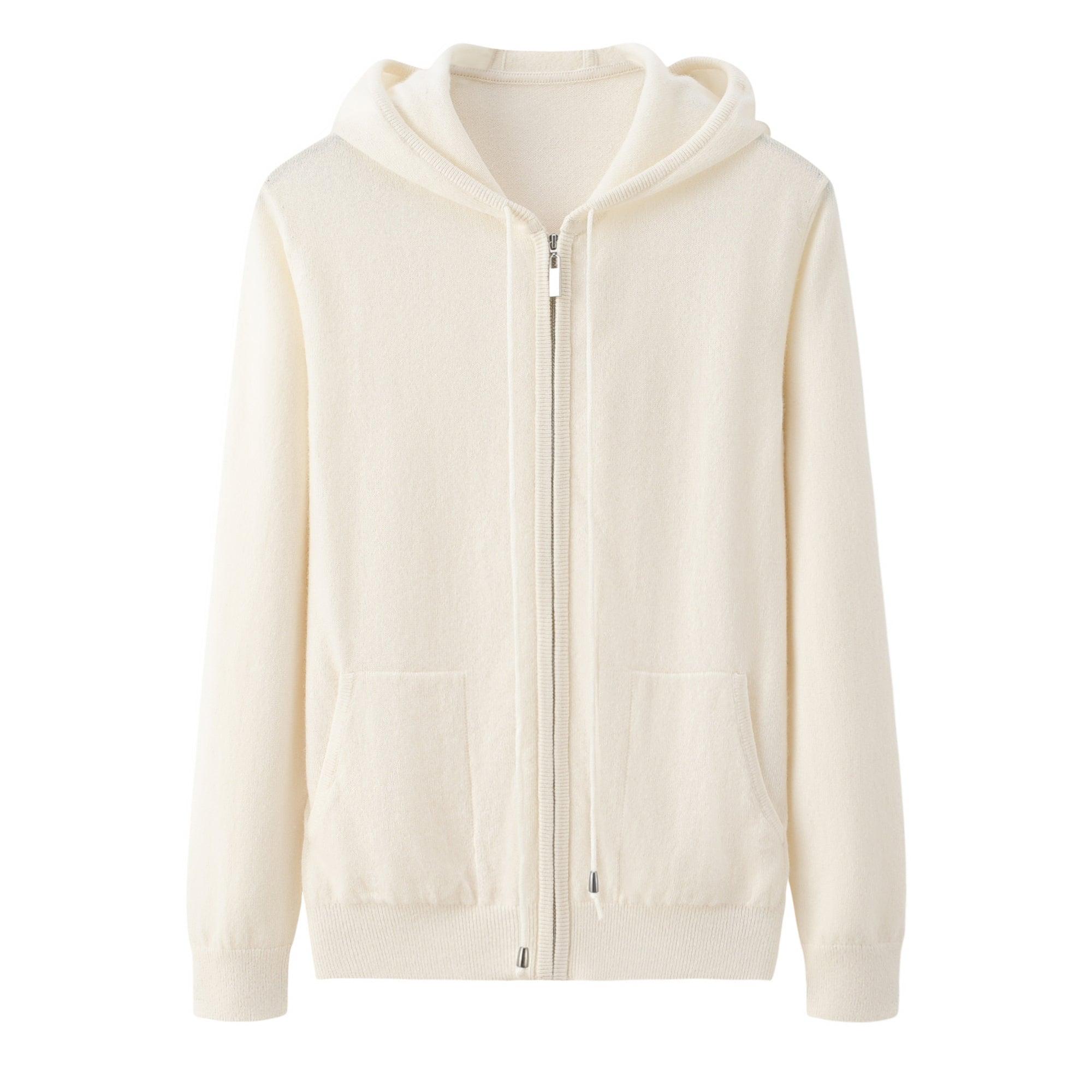 High quality Best selling of pure cashmere knitted white Hoodie, Women's Soft zipper cardigan Sweater - Lamycashmere