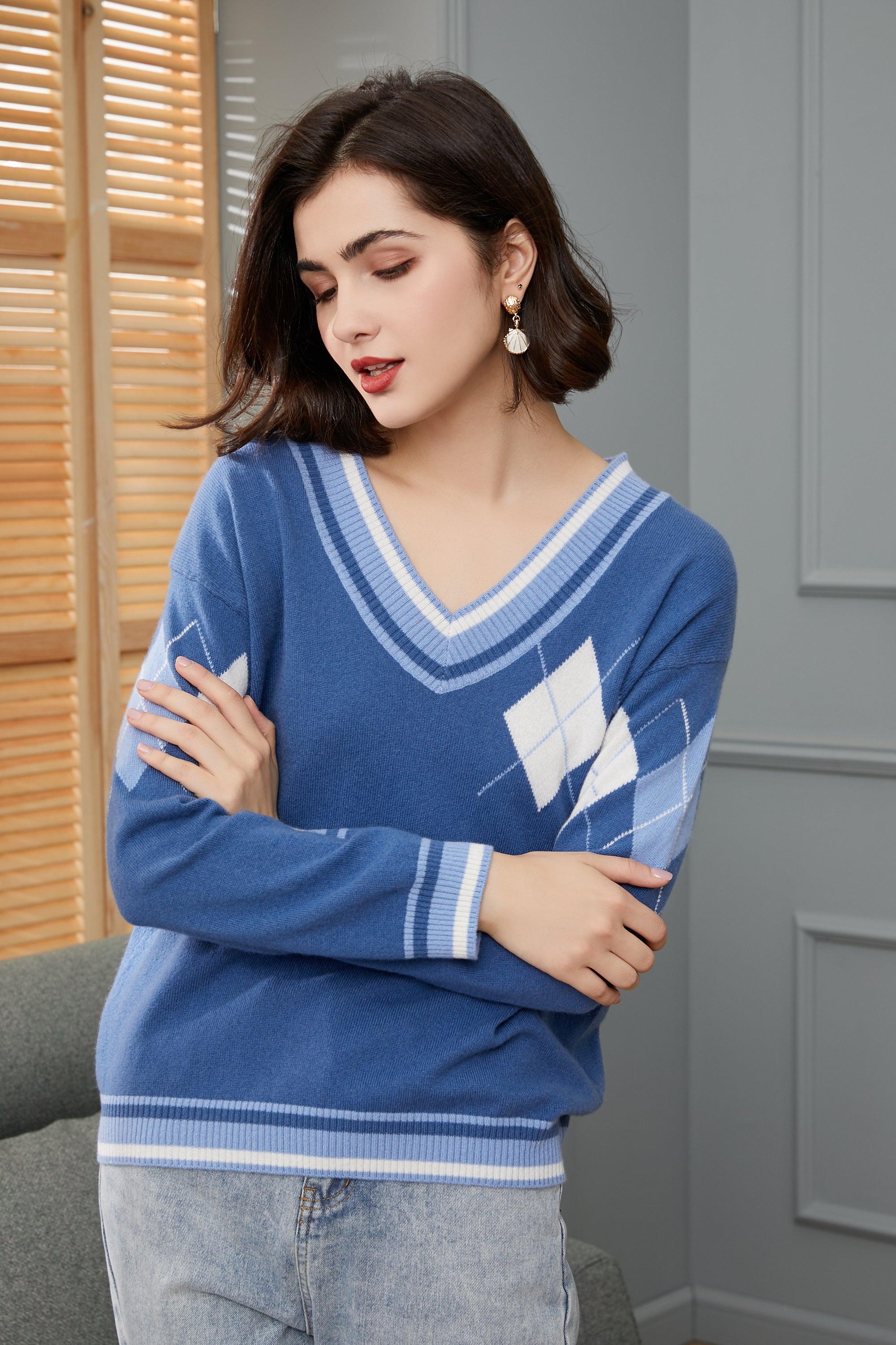 High quality England style of V neck droped pullover pure cashmere knitted sweater for lady's - Lamycashmere