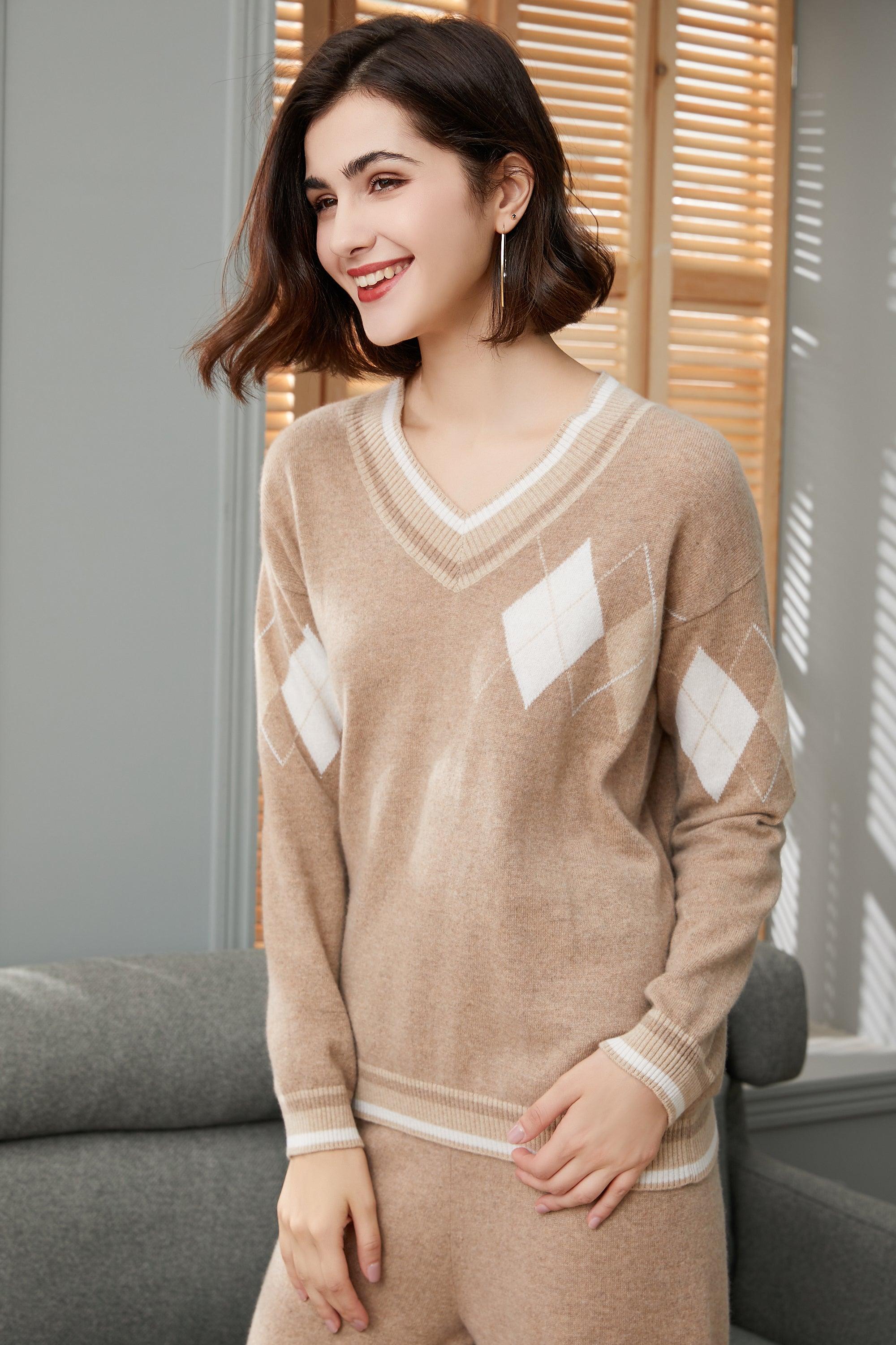 High quality England style of V neck droped pullover pure cashmere knitted sweater for lady's - Lamycashmere