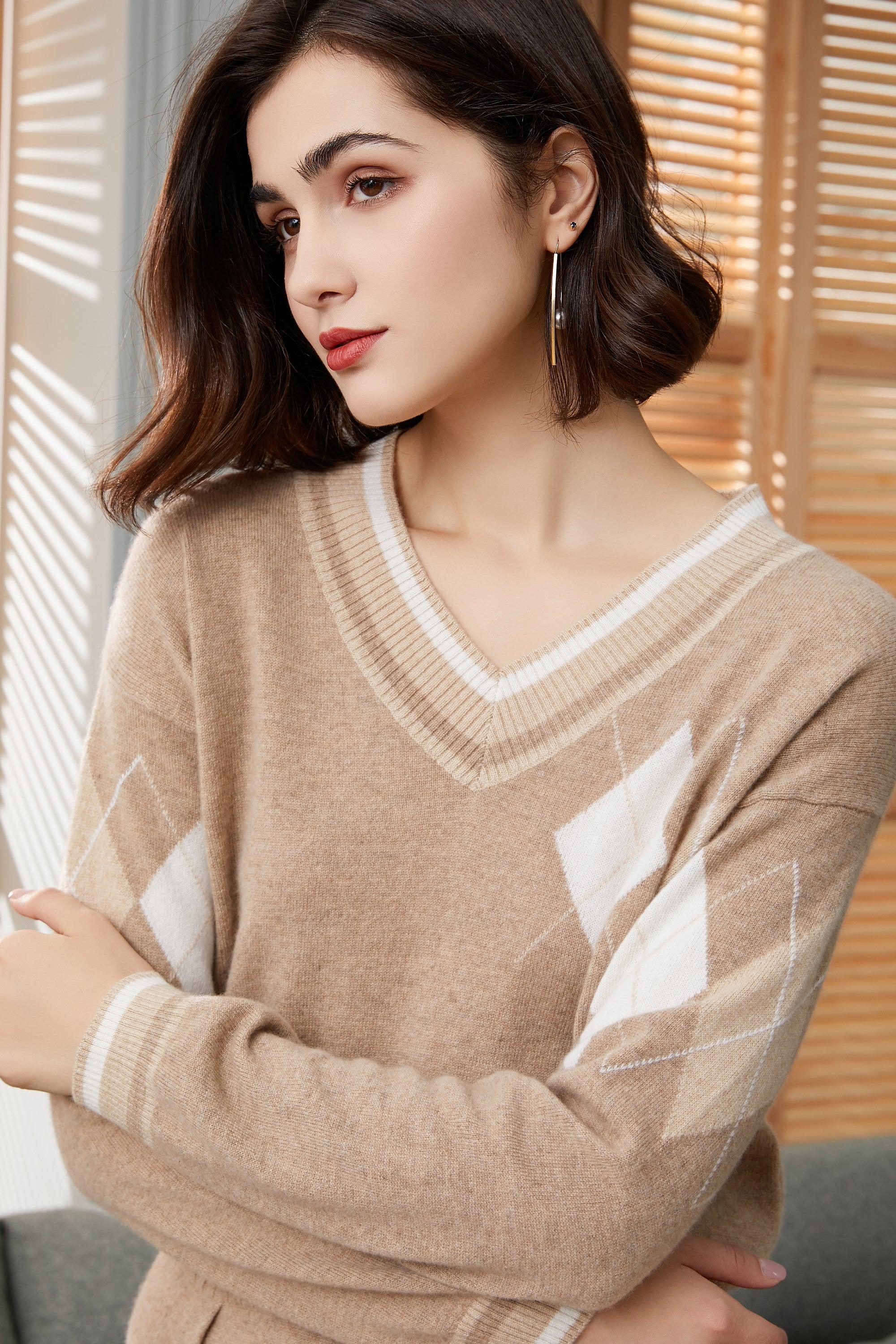 High quality England style of V neck droped pullover pure cashmere knitted sweater for lady's - Lamycashmere