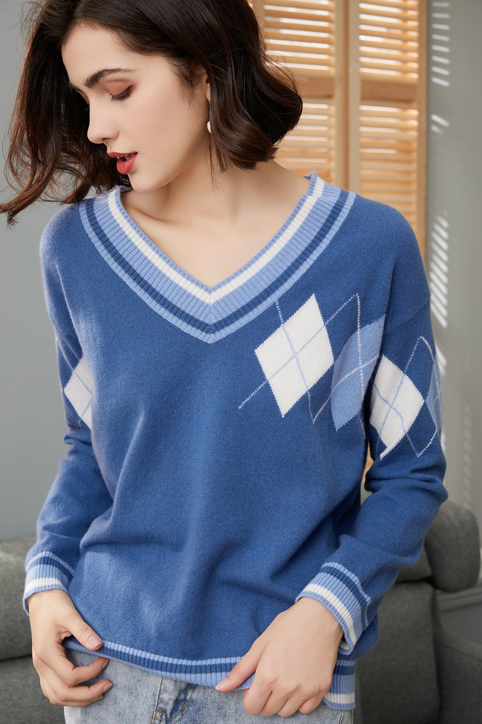 High quality England style of V neck droped pullover pure cashmere knitted sweater for lady's - Lamycashmere