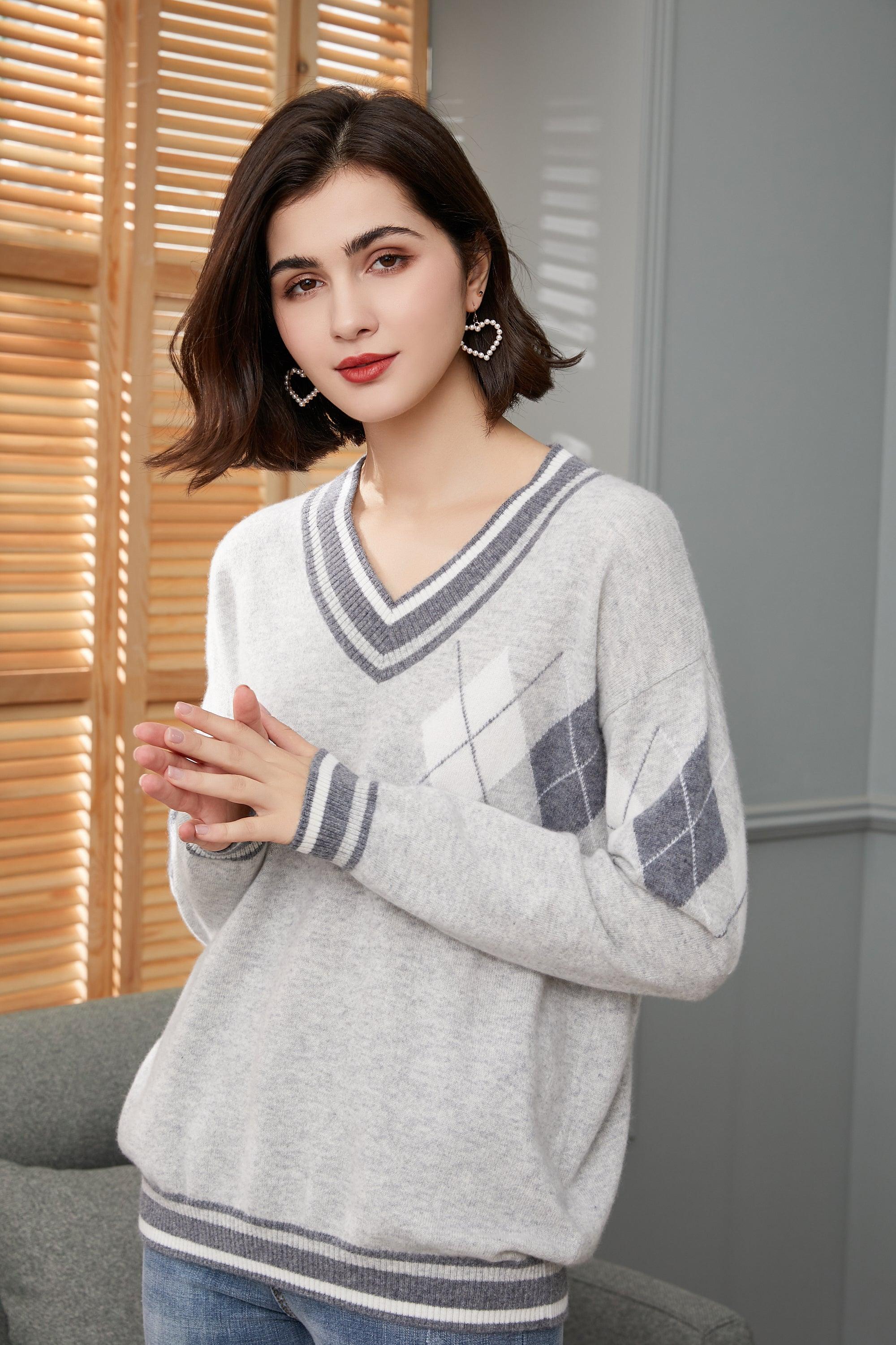 High quality England style of V neck droped pullover pure cashmere knitted sweater for lady's - Lamycashmere