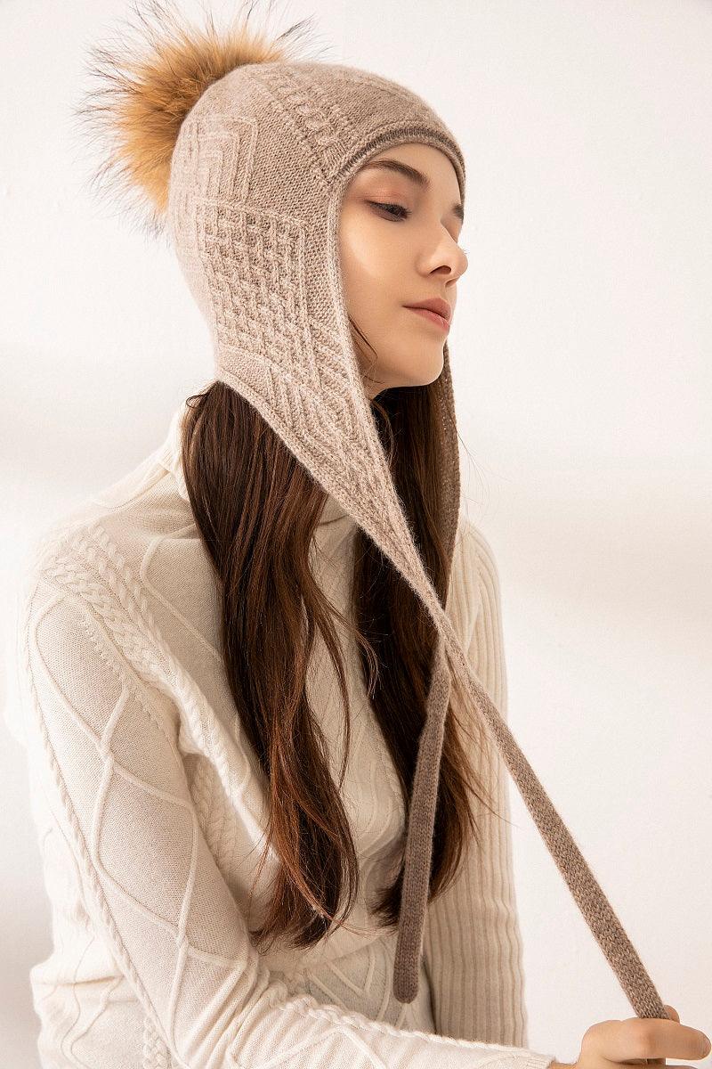 Hot popular cute cashmere cable knitted hat with nature fur - Lamycashmere