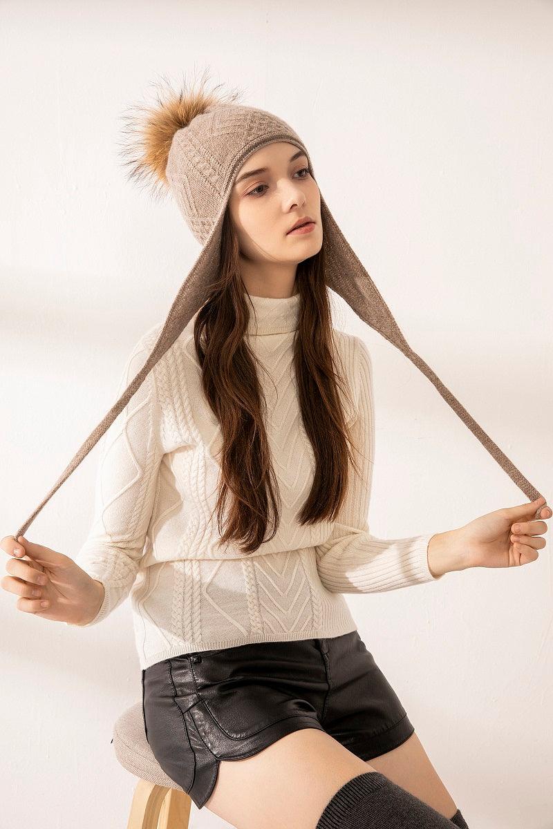 Hot popular cute cashmere cable knitted hat with nature fur - Lamycashmere