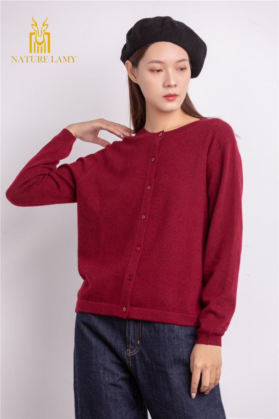 Inner Mongolia produced area pure cashmere round-neck christmas red cardigan for lady's - Lamycashmere