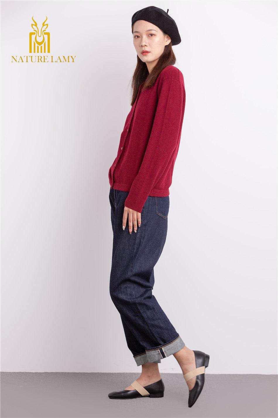 Inner Mongolia produced area pure cashmere round-neck christmas red cardigan for lady's - Lamycashmere