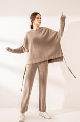 Loose style of cashmere round-neck sweater and pants set - Lamycashmere