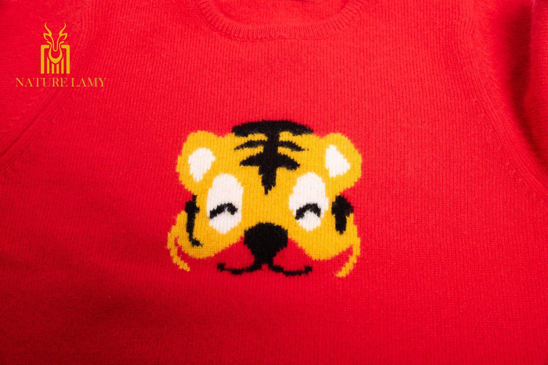 Lovely and comfortable animal pattern mother and baby style pure cashmere knitted round neck jacquard tiger pattern child's pullover for winter and Autumn - Lamycashmere