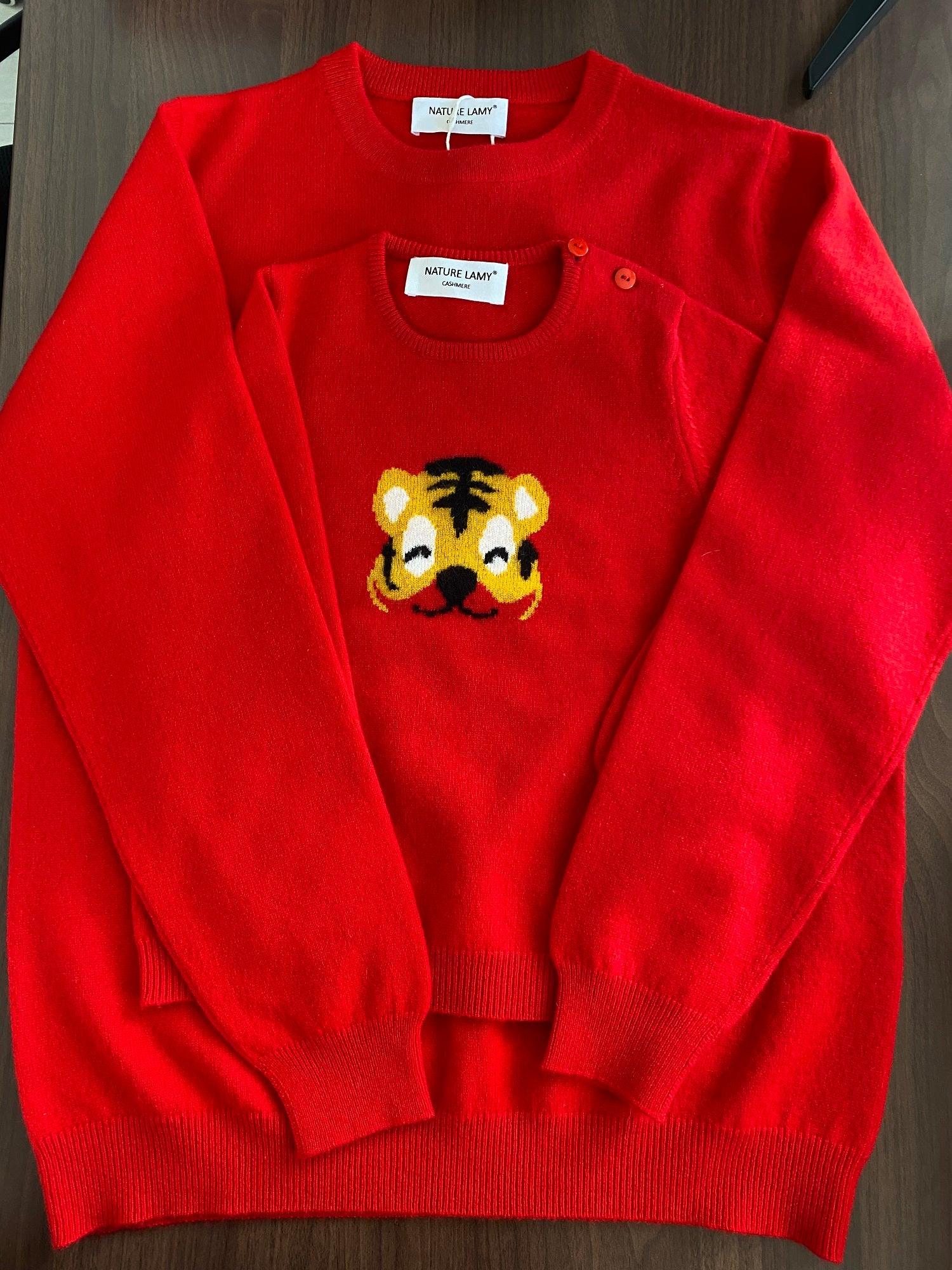 Lovely and comfortable animal pattern mother and baby style pure cashmere knitted round neck jacquard tiger pattern child's pullover for winter and Autumn - Lamycashmere