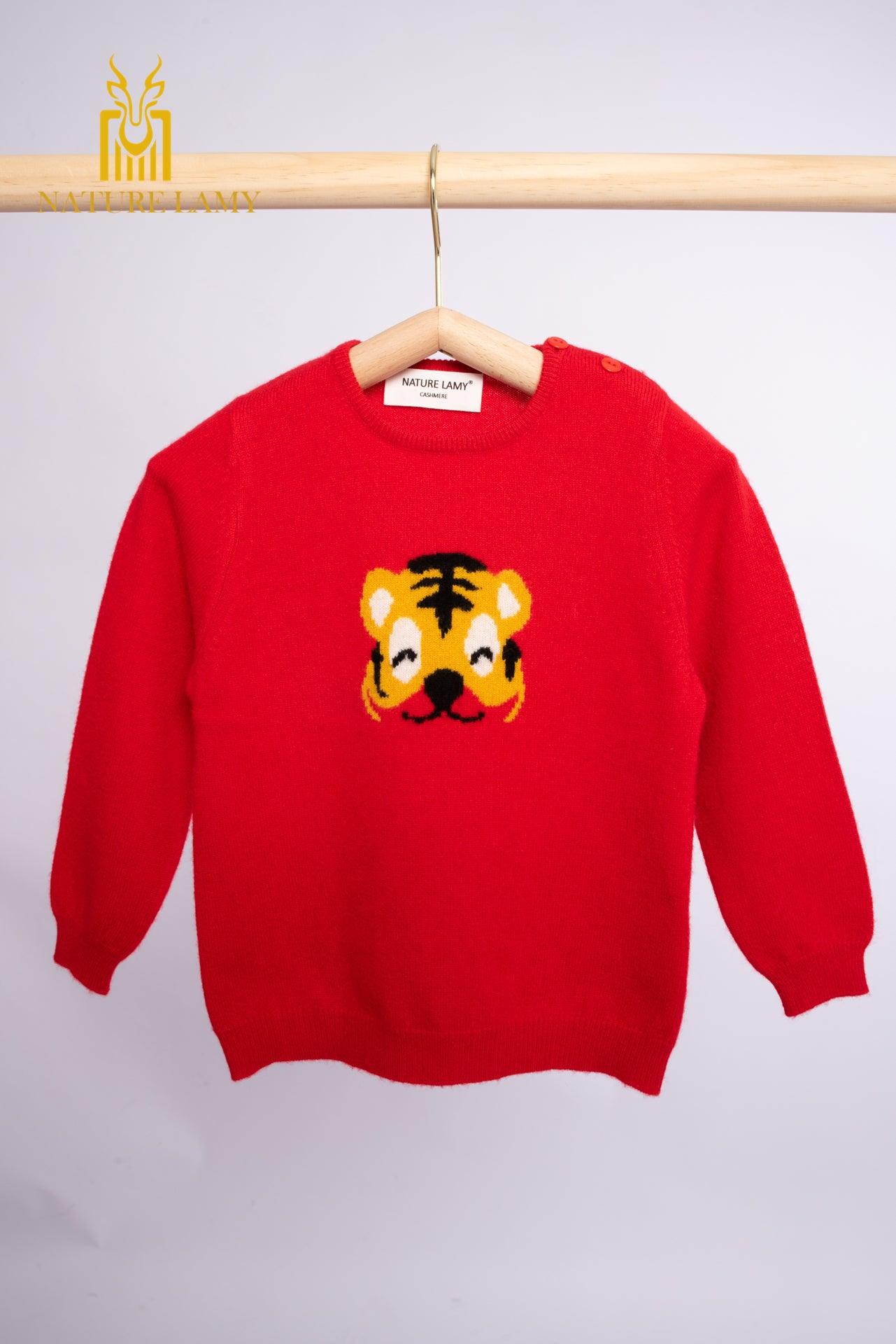 Lovely and comfortable animal pattern mother and baby style pure cashmere knitted round neck jacquard tiger pattern child's pullover for winter and Autumn - Lamycashmere