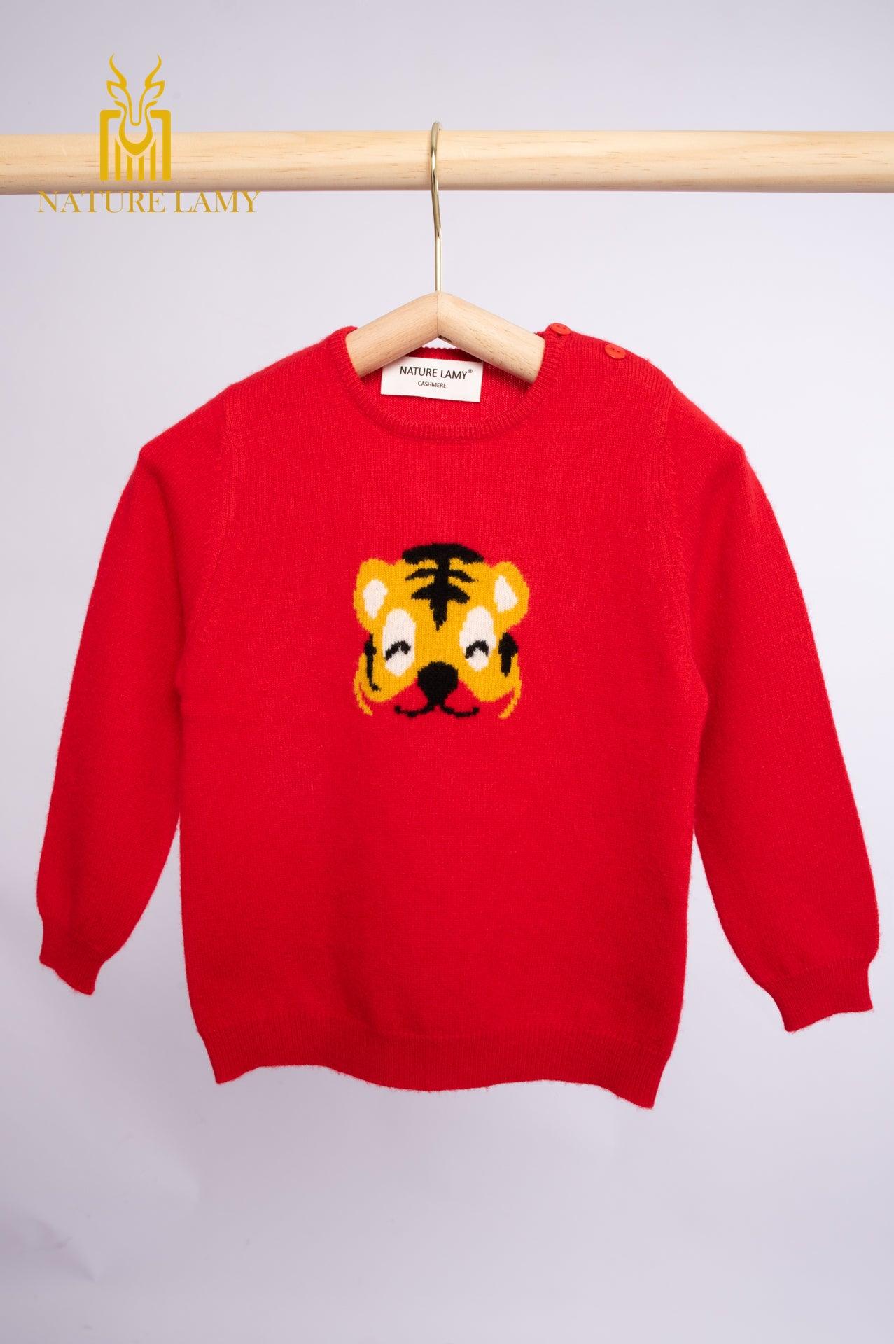 Lovely and comfortable animal pattern mother and baby style pure cashmere knitted round neck jacquard tiger pattern child's pullover for winter and Autumn - Lamycashmere