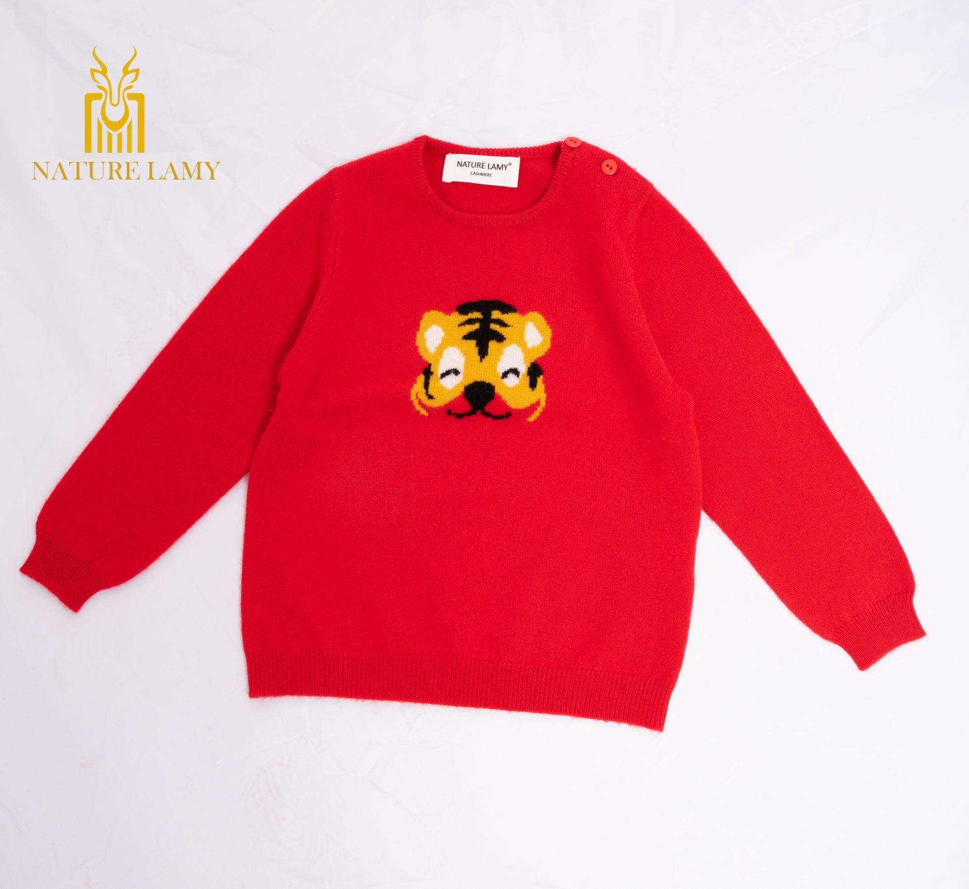 Lovely and comfortable animal pattern mother and baby style pure cashmere knitted round neck jacquard tiger pattern child's pullover for winter and Autumn - Lamycashmere