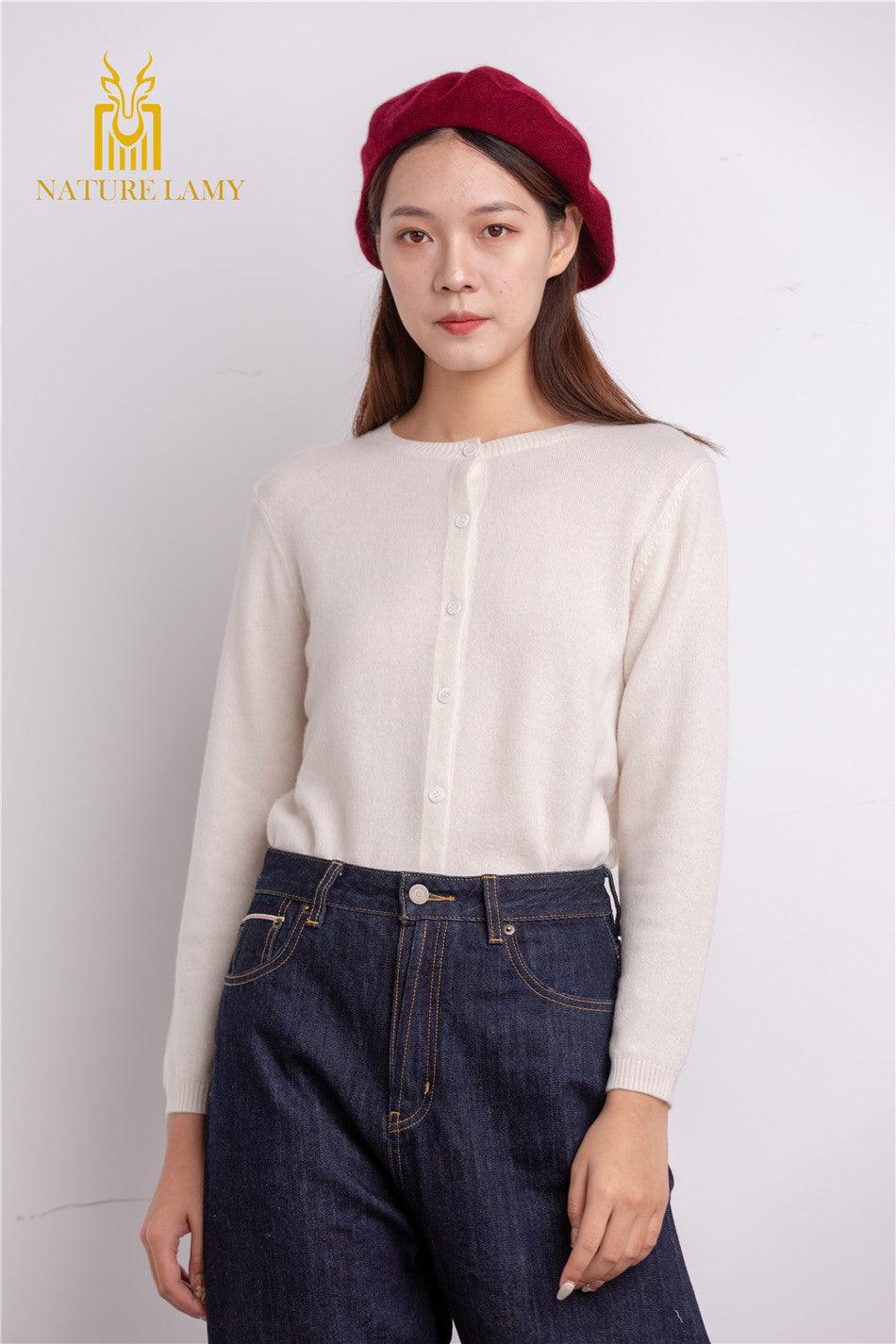 nature white color with good quality and supplier pure cashmere knitted women's cardigan - Lamycashmere